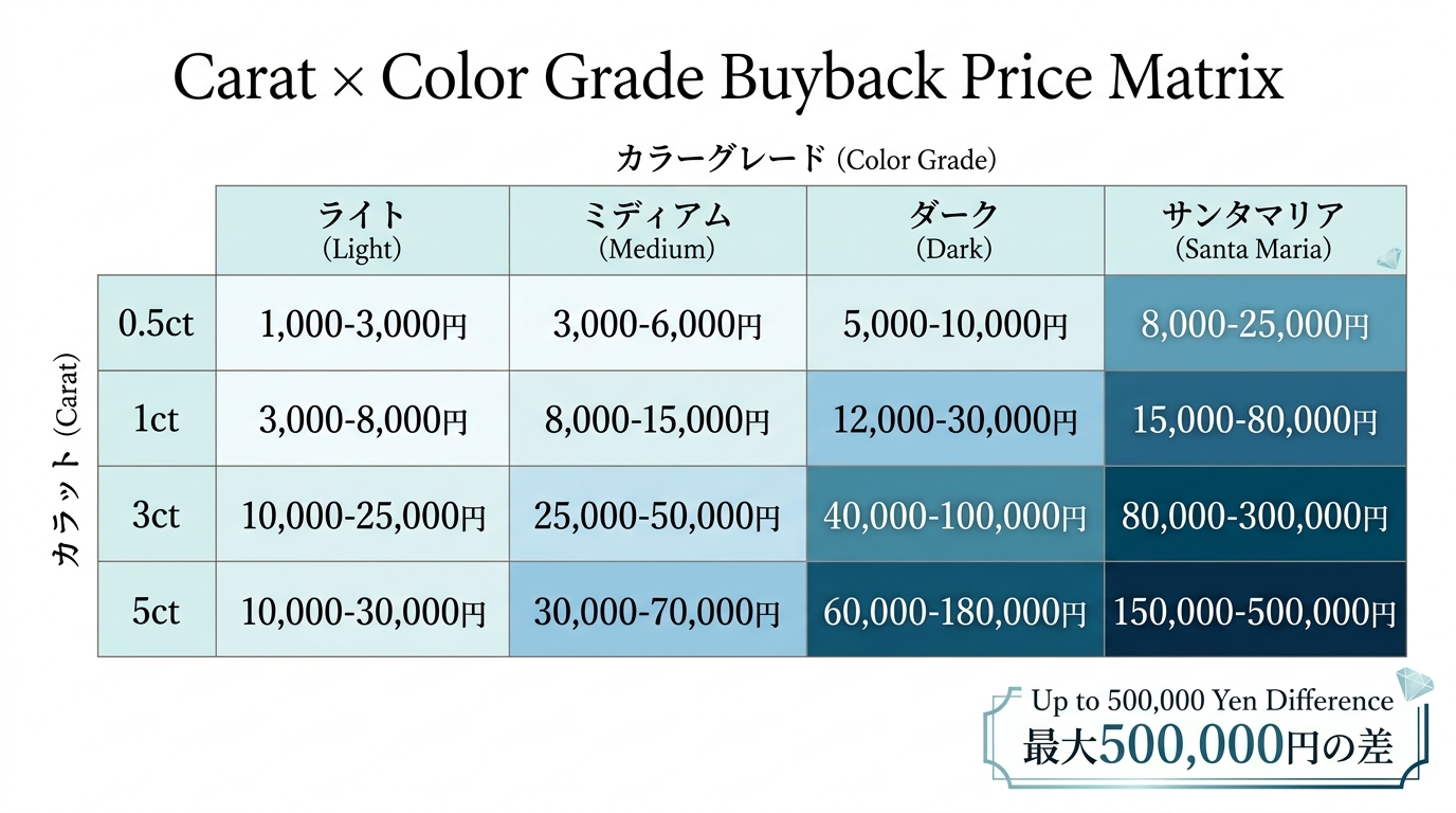 アクアマリンの買取相場マトリクス。0.5/1/3/5ctの4カラット帯と淡色/中色/濃色/サンタマリアの4色グレードで構成された価格表。