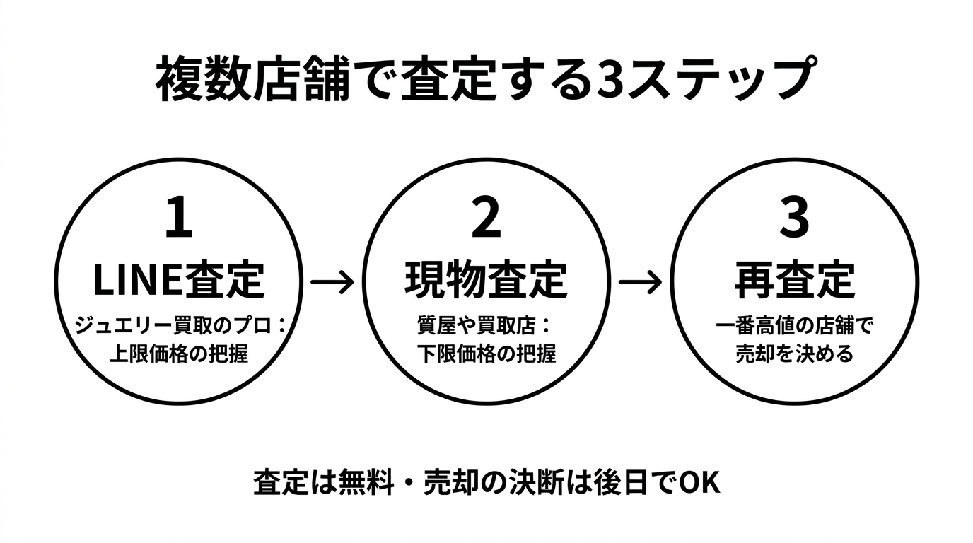 複数店舗で査定を比較するための3ステップ(LINE査定・実物査定・再査定)を示すフロー図。