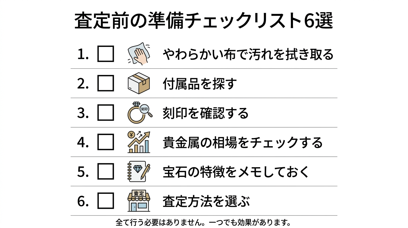アクアマリンを売る前の6つの準備（清掃・付属品・刻印・相場・特徴メモ・査定方法）をチェックリスト形式で示す図。