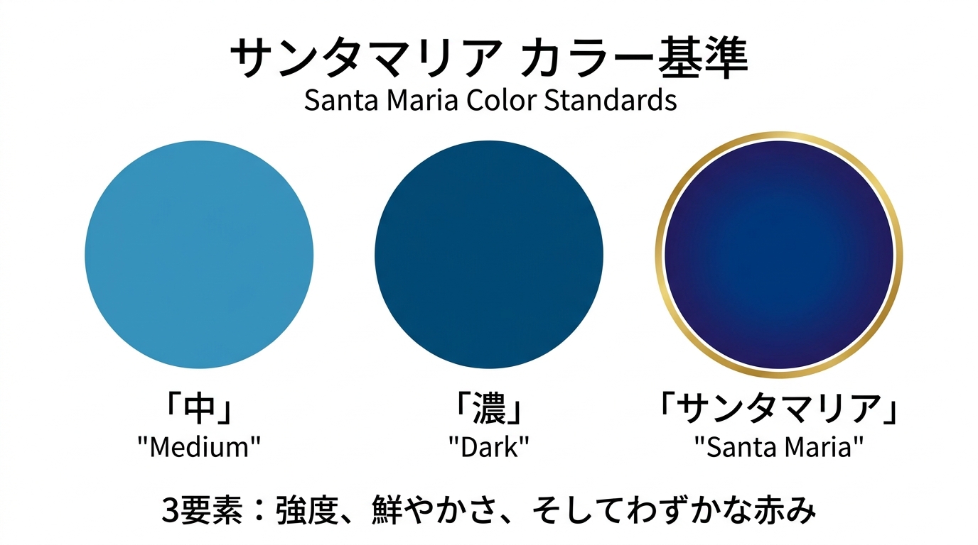 サンタマリアの色基準を示す図。通常品の青と比較して濃く鮮やかな深い青、わずかに赤みを帯びる特徴を視覚化。