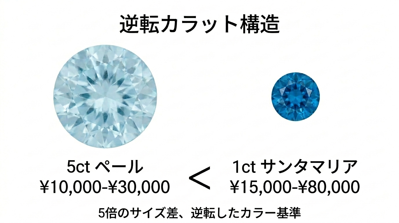 5ct淡色(10,000〜30,000円)と1ctサンタマリア(15,000〜80,000円)の価格逆転を示す対比チャート。