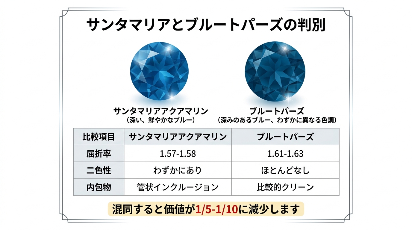 アクアマリンとブルートパーズの判別基準を屈折率(1.57-1.58 vs 1.61-1.63)・二色性・内包物の3項目で比較。