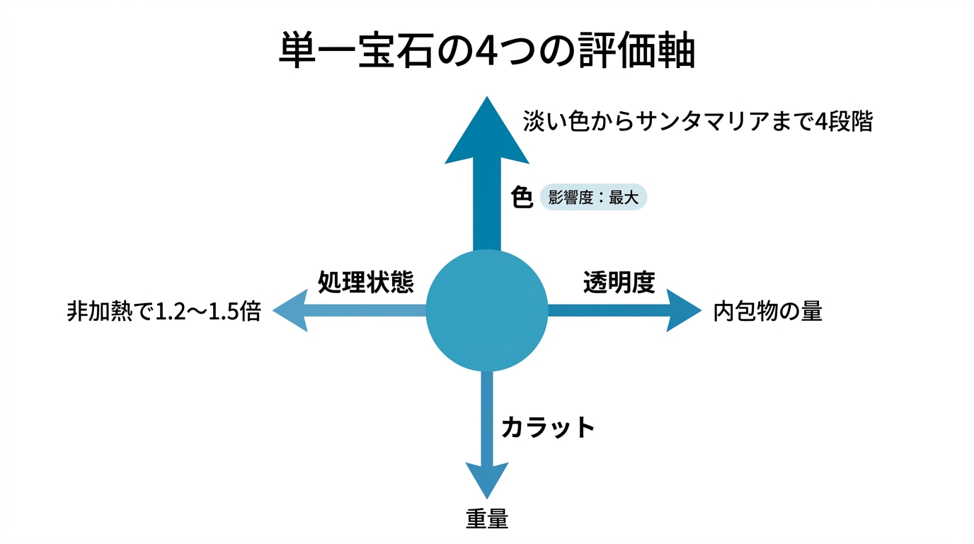 アクアマリン宝石単体の4つの評価軸（色・透明度・カラット・処理の有無）と評価への影響度を示す構造図。