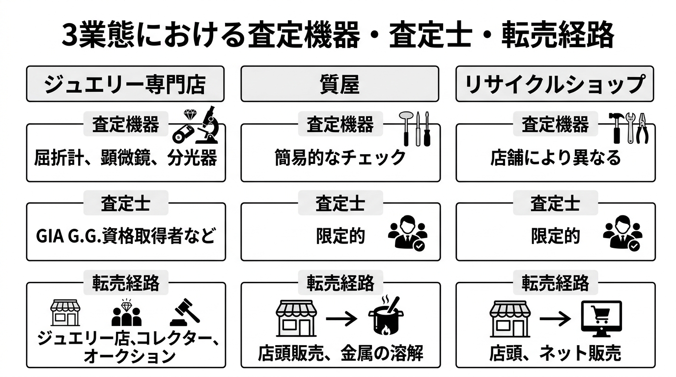 宝石専門店・質屋・リサイクル店の3業態の概要と、それぞれの査定設備・鑑定士の有無・再販ルートの違いを示す比較図。