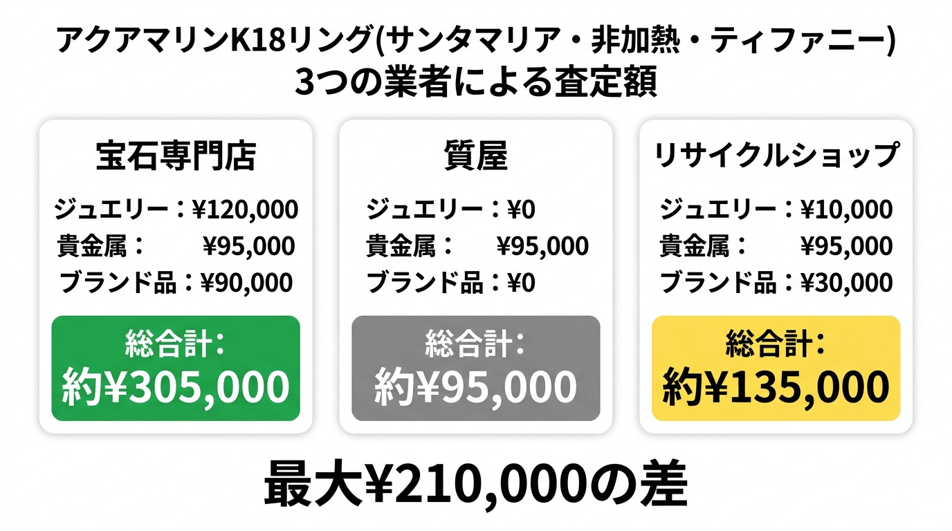 同じアクアマリンK18リング(サンタマリア・非加熱・ティファニー)を3業態で査定したときの差額シミュレーションを示す比較チャート。最大21万円差を視覚化。