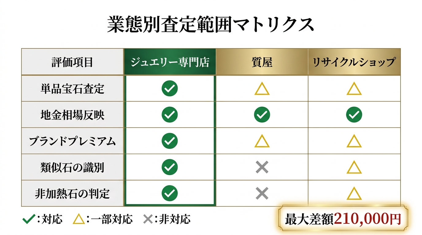宝石専門店・質屋・リサイクル店の3業態が、宝石の個別評価・貴金属・ブランド・希少石判別・非加熱判定の5項目をそれぞれ評価対象とするかを示すマトリクス表。