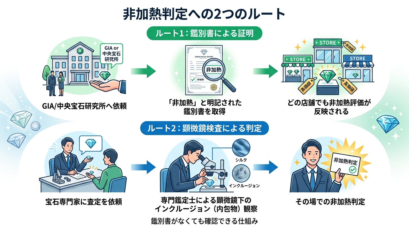 アクアマリンの非加熱を判定する方法を示すフロー。鑑別書がある場合と、専門鑑定士による顕微鏡検査の2ルートを視覚化。