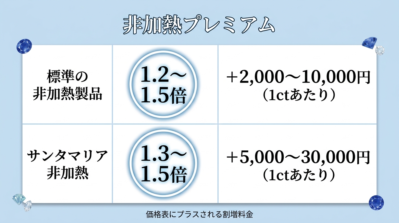 アクアマリンの非加熱プレミアムを示す表。通常品1.2〜1.5倍、サンタマリア1.3〜1.5倍の倍率を視覚化。