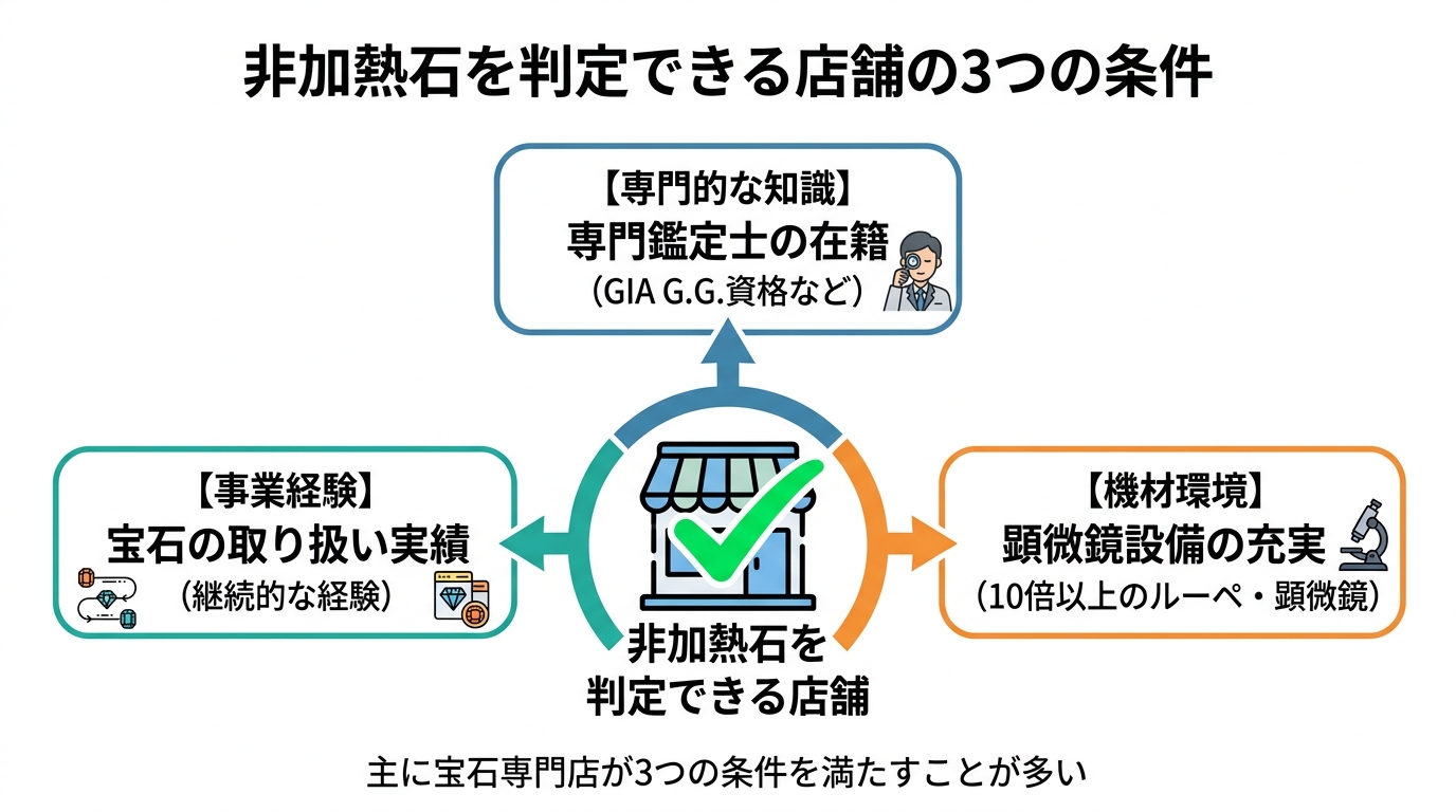 非加熱判定が可能な店舗を見分けるための3つの条件（専門鑑定士・顕微鏡設備・取扱実績）を示す構造図。