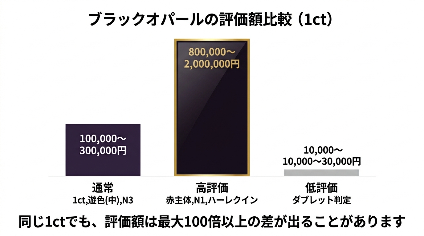 同じ1ctブラックオパールでも、通常・高評価・低評価の3条件で査定額が大きく変わることを示した棒グラフ比較画像。