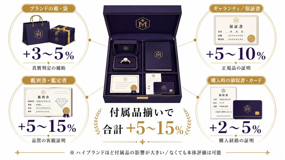 ブランドジュエリーの付属品（箱・保証書・鑑別書・購入記録）が査定額に与える加算インパクトを示した分類図。