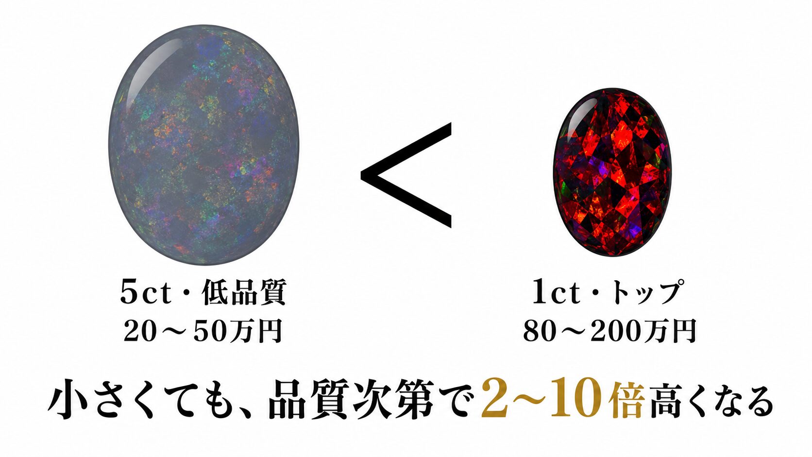 5ct低品質ブラックオパールより1ctトップ品質の方が高額になる逆転構造を示した比較画像。カラットより品質が優先される評価構造を可視化。