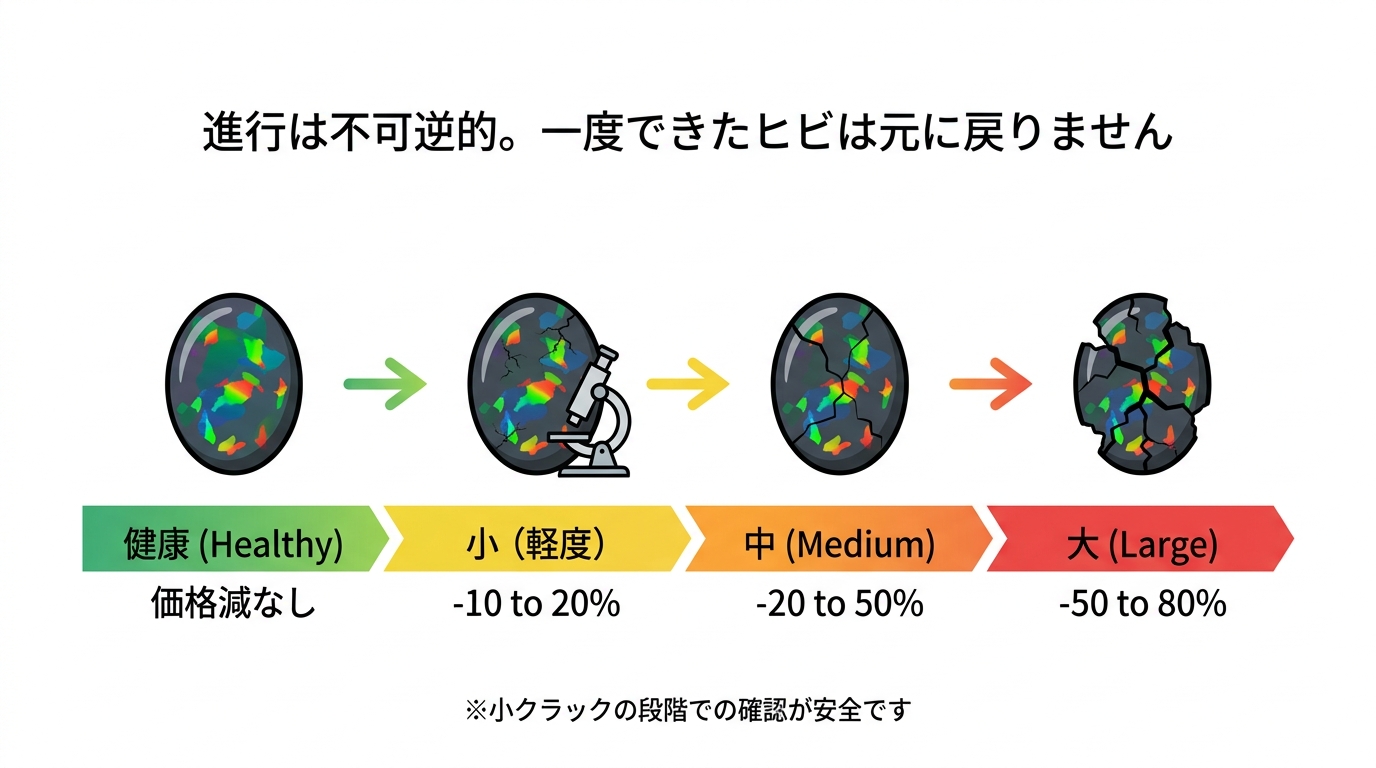 ブラックオパールの劣化進行4段階（健全・軽微・中程度・大幅劣化）と減額幅を示したステップ図。