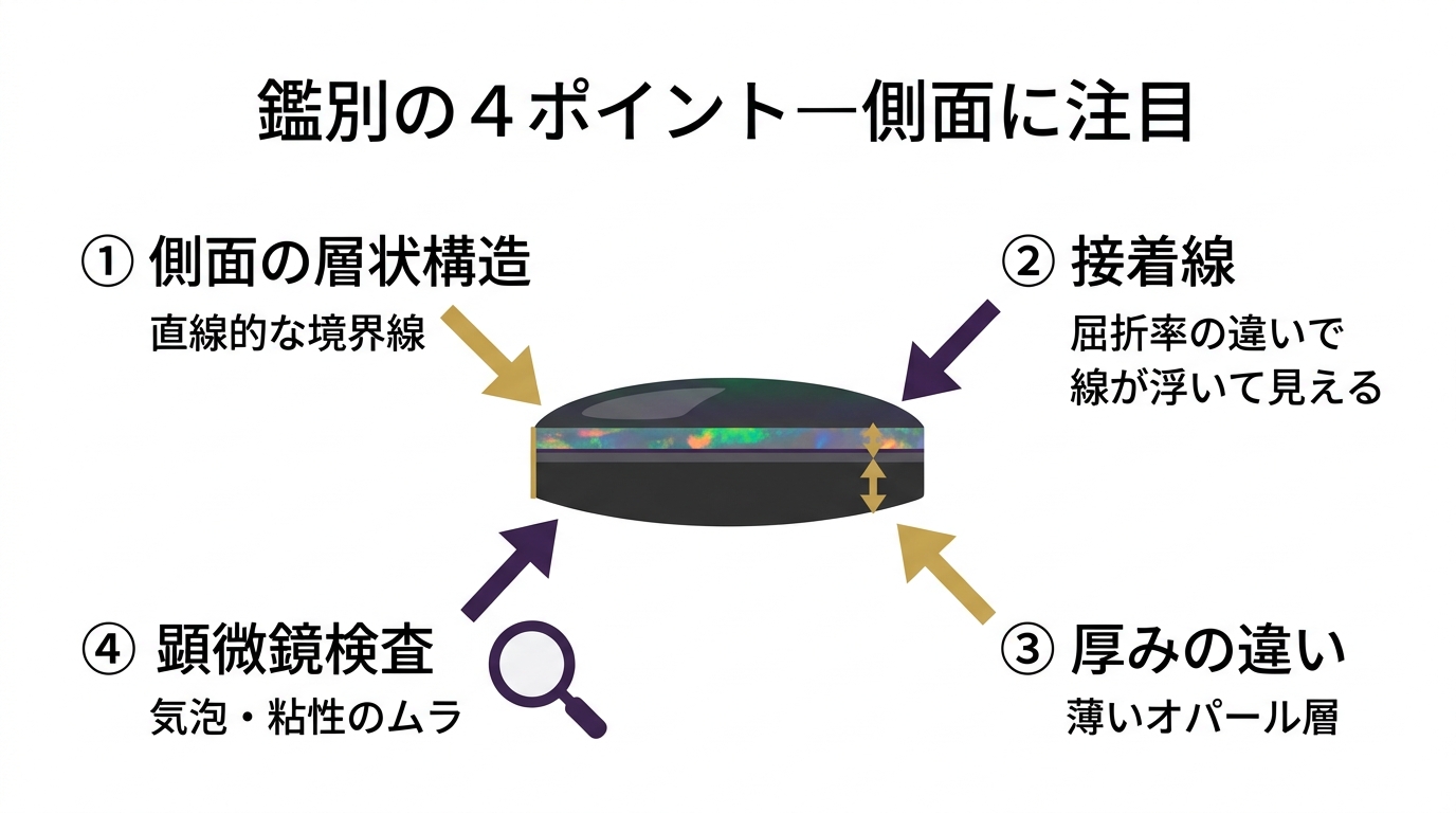 ダブレット・トリプレットの判別における4つの確認ポイント（側面層・接着ライン・厚み差・顕微鏡確認）を示した図解。