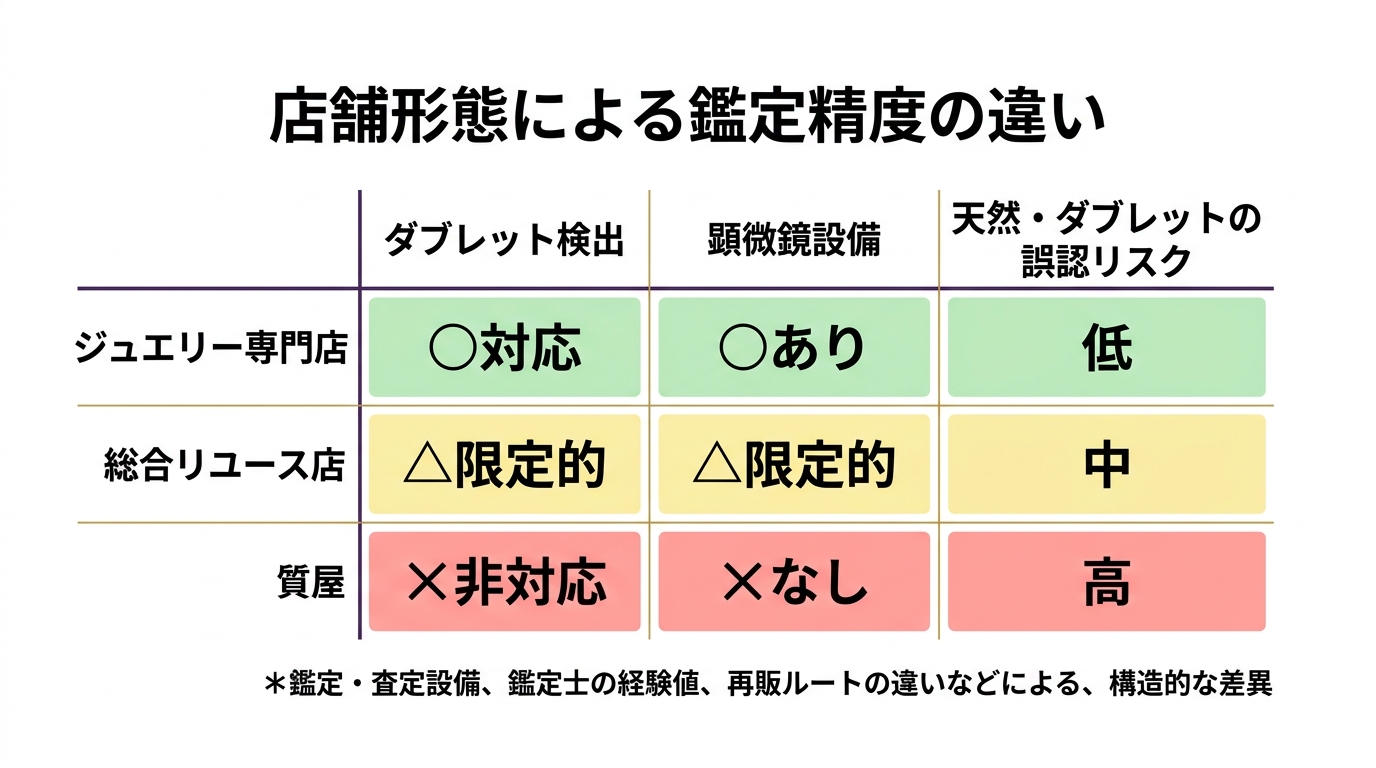 店舗タイプ別のダブレット判別能力比較表。宝石専門店・総合リユース・質屋の対応範囲を可視化。
