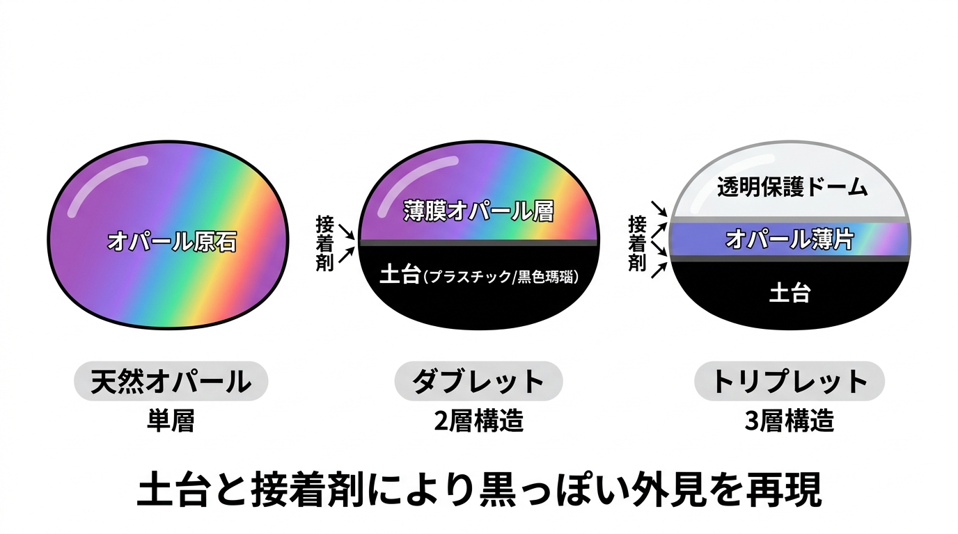 天然・ダブレット・トリプレットの側面層構造を断面図で比較した画像。各層の厚みと配置を可視化。