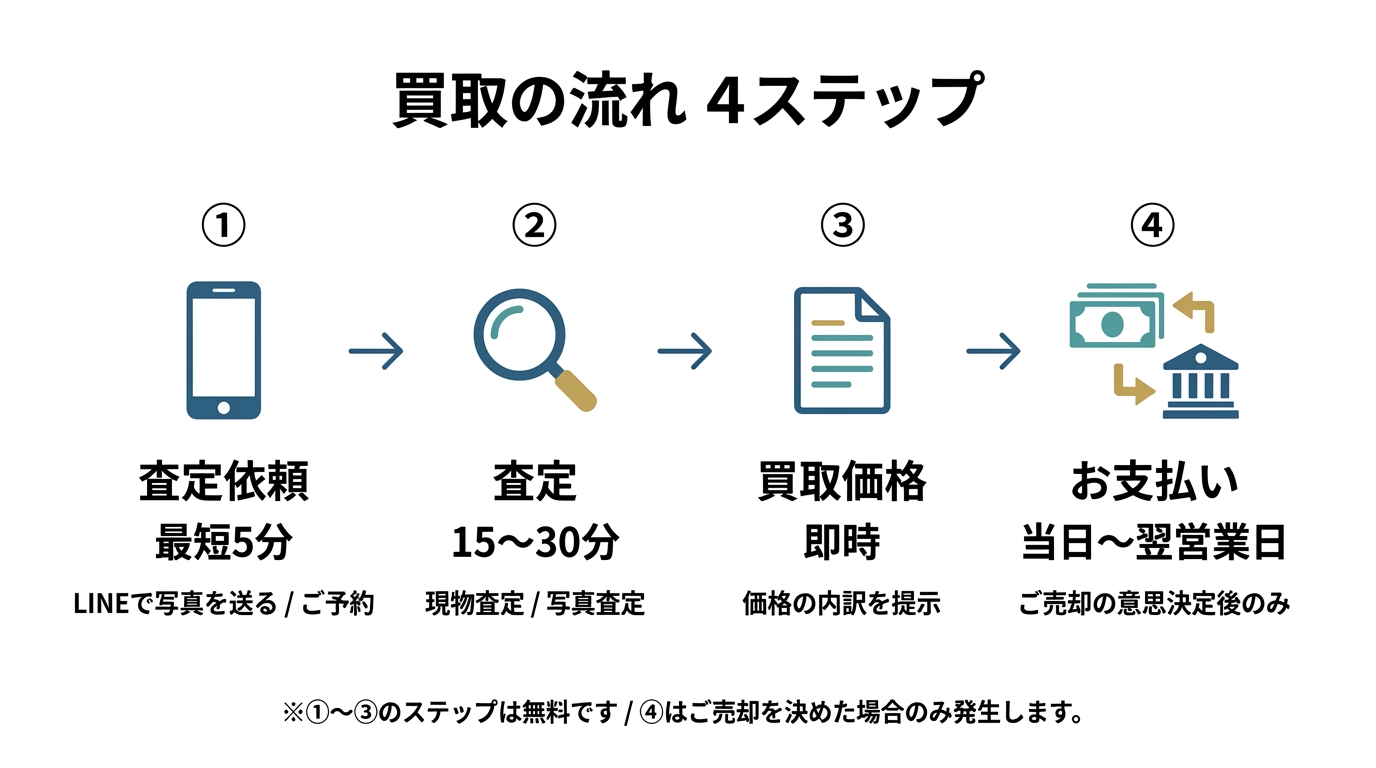 ブラックオパール買取の4ステップ（査定依頼→査定→金額提示→入金）を図解。最短5分から完了までを可視化。