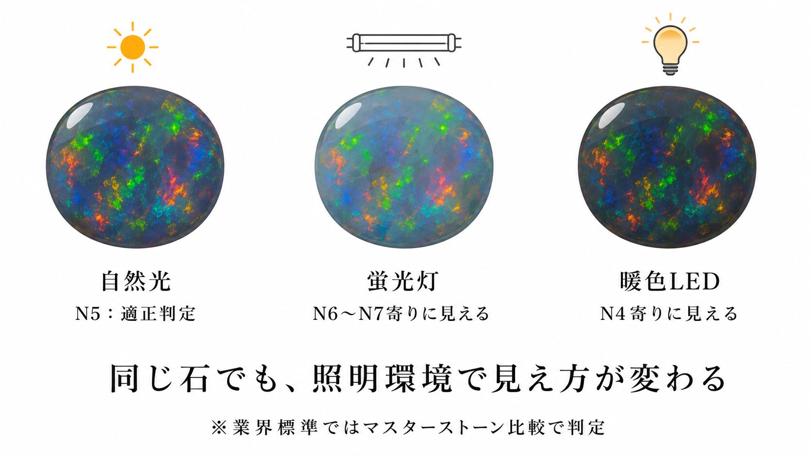 ブラックオパールの地色判定における照明条件・角度の影響を示した比較画像。家庭環境ではN3〜N5の判別が難しい構造を可視化。