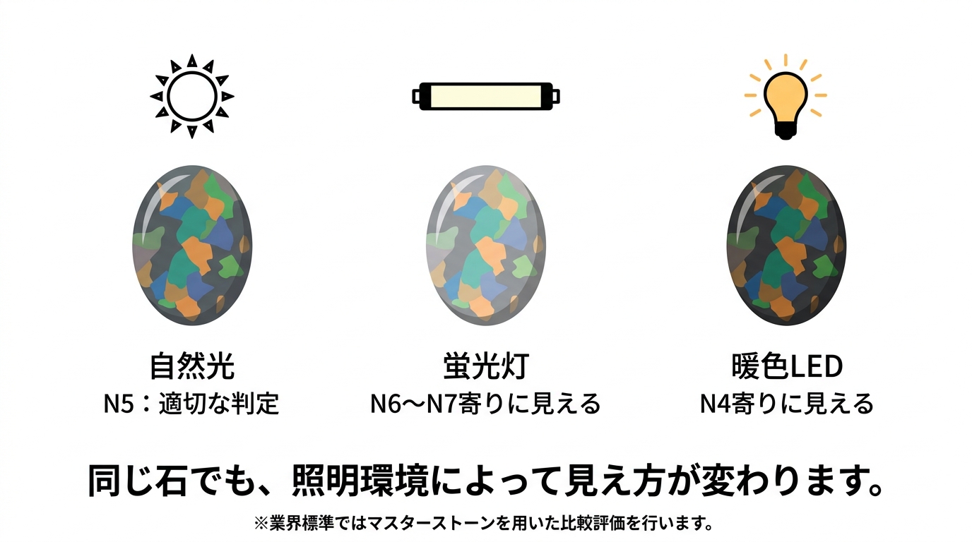 ブラックオパールの地色判定における照明条件・角度の影響を示した比較画像。家庭環境ではN3〜N5の判別が難しい構造を可視化。