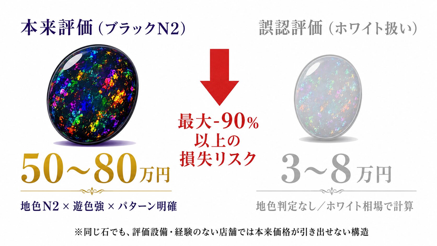 ブラックオパール（N2）が地色判定のない店舗でホワイト扱い査定された場合の本来評価との差額対比インフォグラフィック。同じ石でも50〜80万円が3〜8万円になる損失構造を可視化。