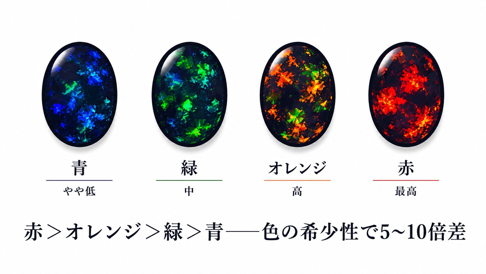 ブラックオパールの遊色における色別評価（赤・オレンジ・緑・青）の希少性と倍率を可視化したインフォグラフィック。