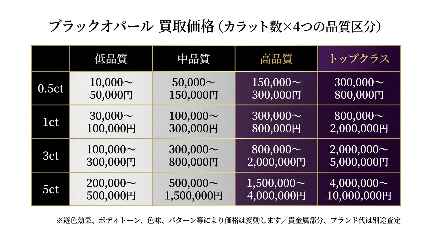 ブラックオパール買取相場のカラット×品質マトリクス詳細図。0.5〜5ctの4カラット帯と低品質・中品質・高品質・トップの4品質帯の組み合わせで価格を可視化。