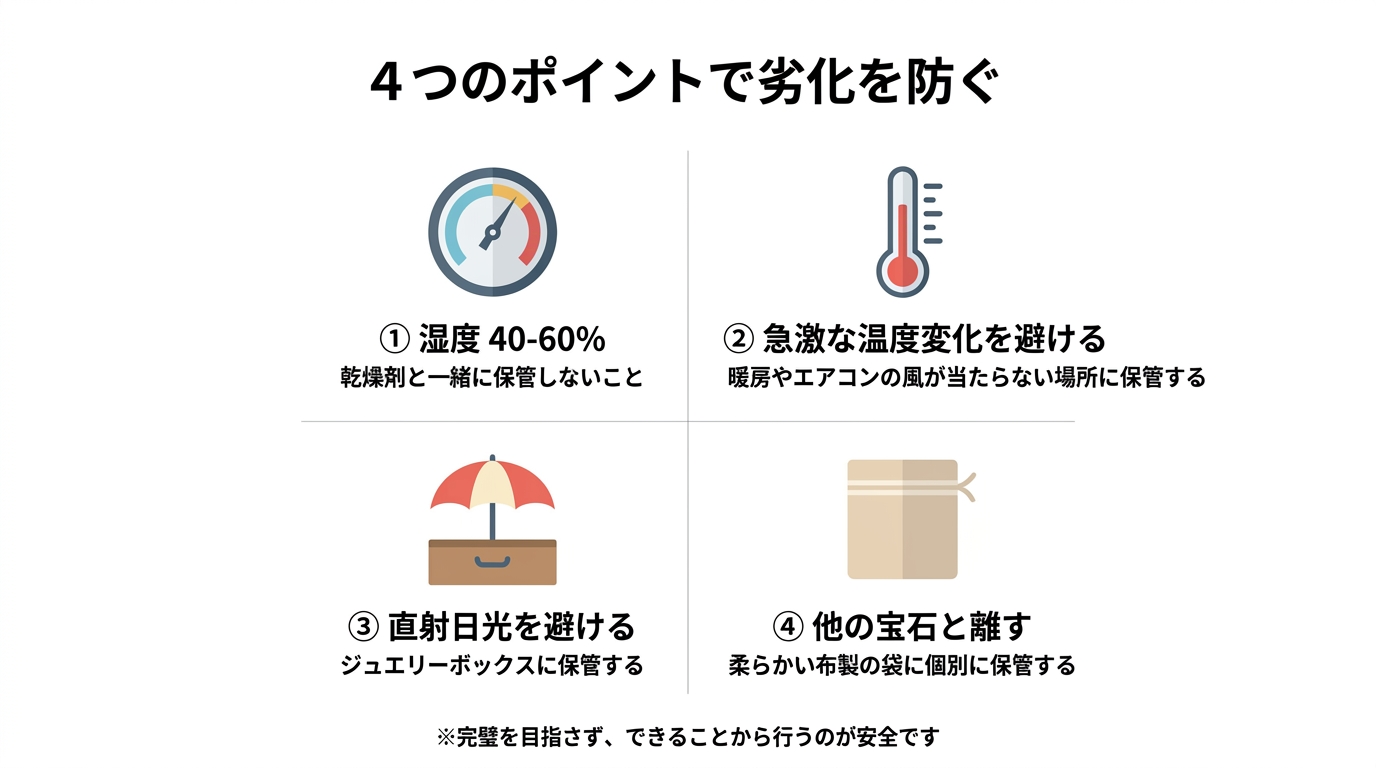 ブラックオパールの推奨保管方法4ポイント（湿度・温度・遮光・接触防止）を示した図解。