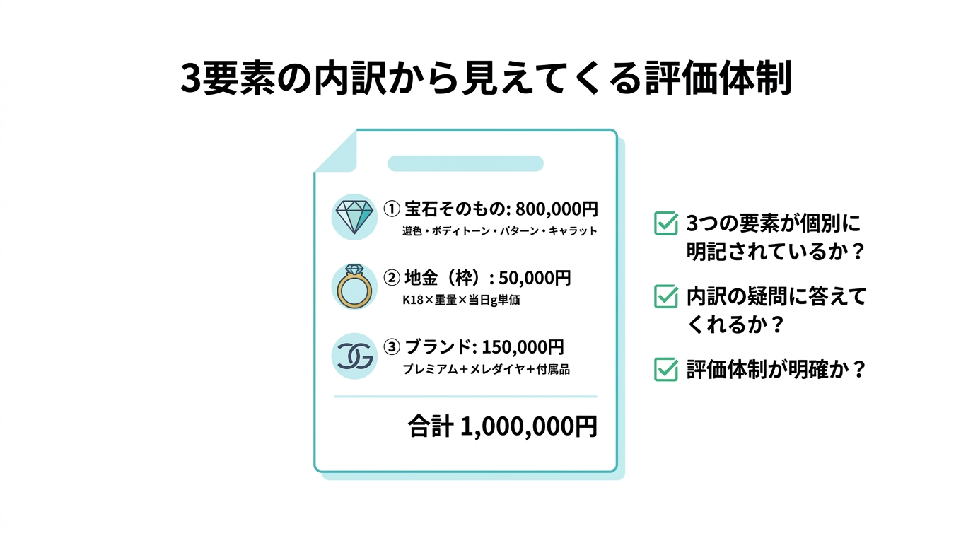 ブラックオパール査定金額の内訳確認ポイント（宝石・貴金属・ブランドの3要素）を示した図解。