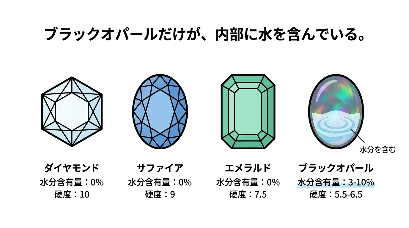 ブラックオパールが水分を含む宝石である特性と、他の宝石との比較を示した図解。