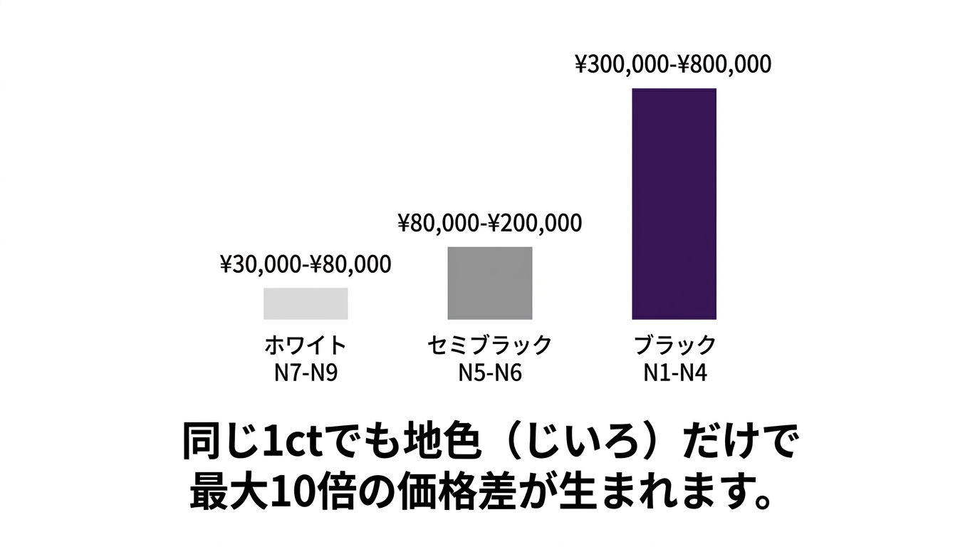 ブラックオパールとホワイトオパールの価格差を視覚化した棒グラフ。同じカラットで5〜20倍の差が出る構造を可視化。