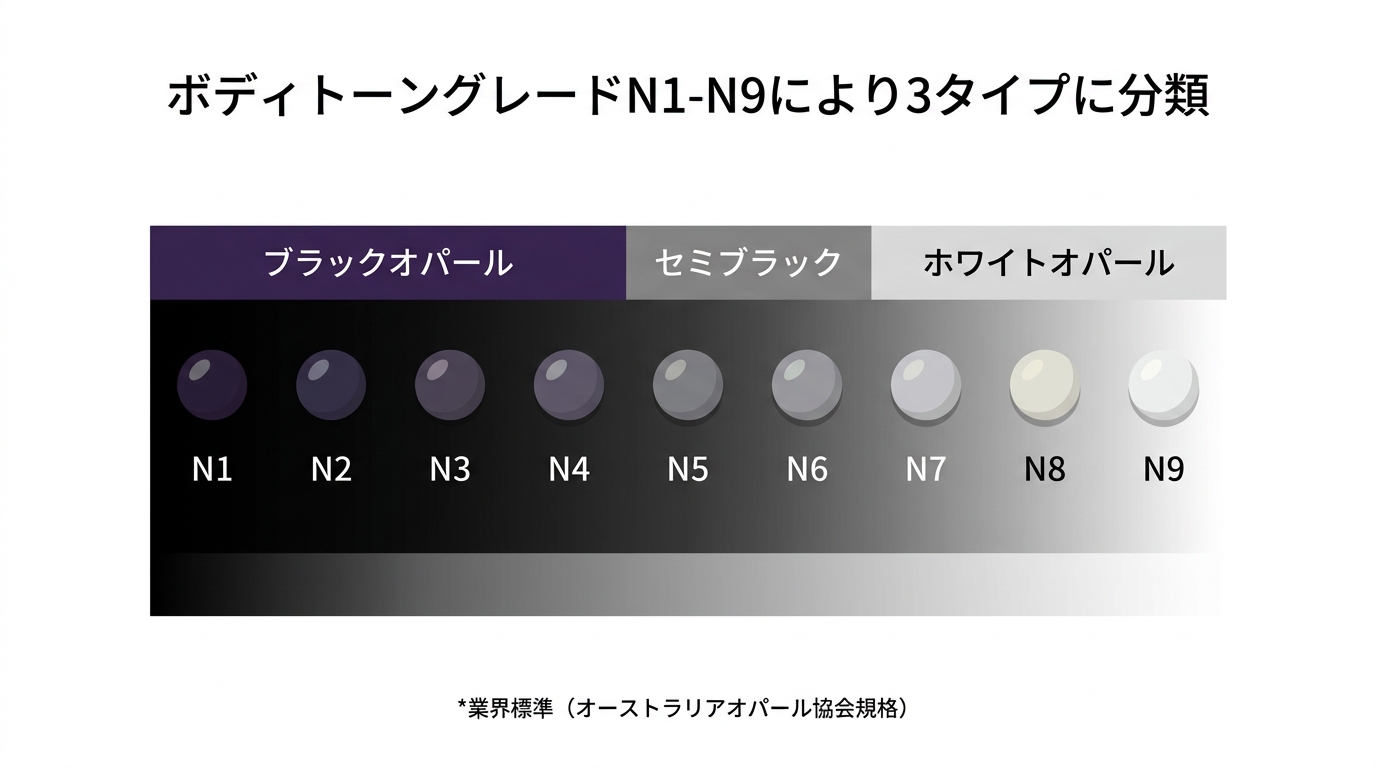 ブラックオパール・セミブラック・ホワイトオパールの3種類の定義を地色比較で示した図。N1〜N9のボディトーン等級も併記。