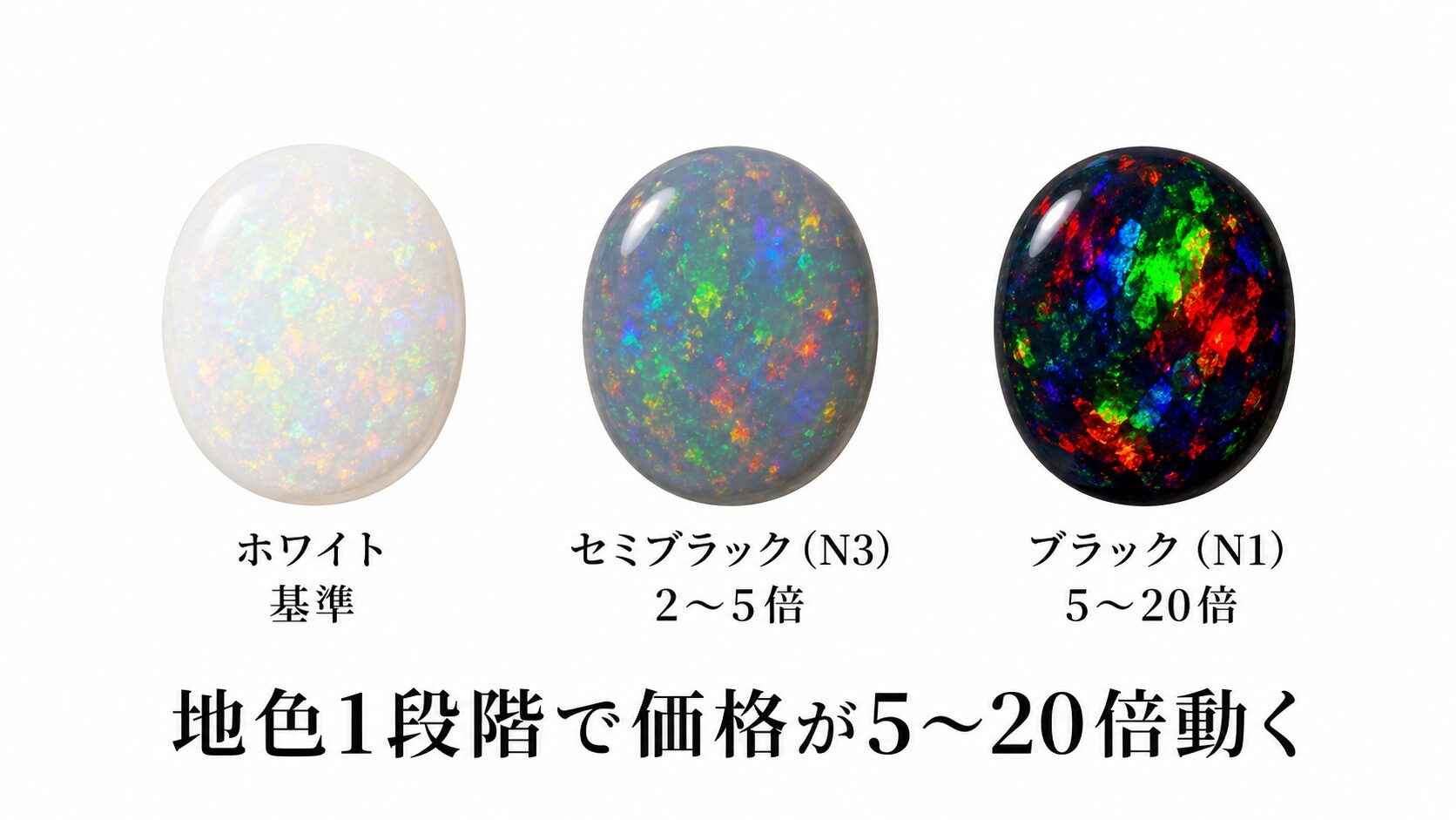 ブラックオパール（N1）・セミブラック（N3）・ホワイトオパールの3地色比較画像。地色だけで5〜20倍の価格差が生まれる構造を可視化。