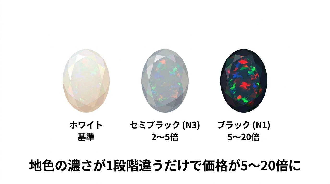 ブラックオパール（N1）・セミブラック（N3）・ホワイトオパールの3地色比較画像。地色だけで5〜20倍の価格差が生まれる構造を可視化。