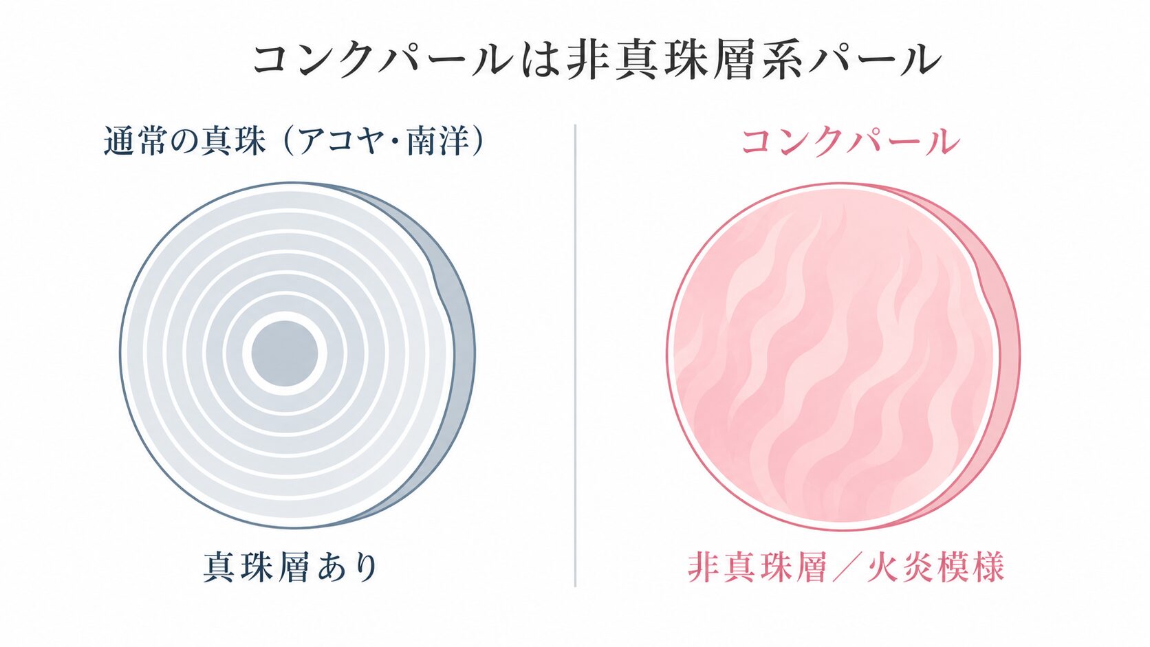 コンクパールがクイーンコンク由来の非真珠層パールであることを示す概念図。通常真珠との構造の違いを提示。