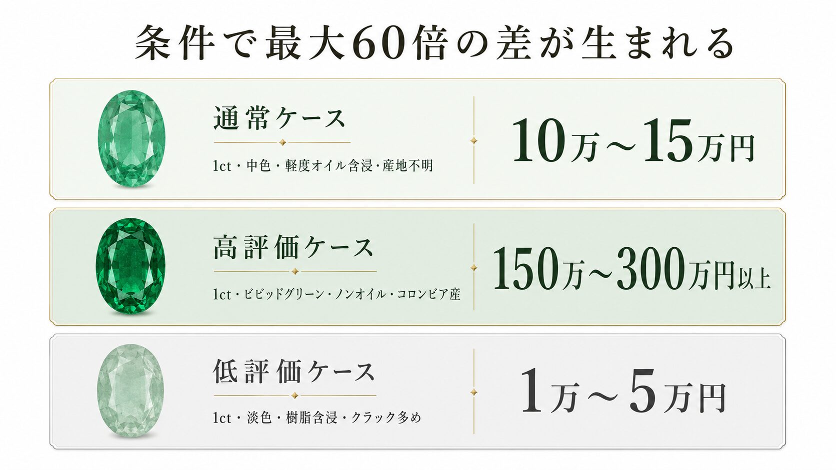 エメラルドの査定シミュレーション3パターンを示す比較画像。通常ケース・高評価ケース・低評価ケースの条件と目安価格を並列。