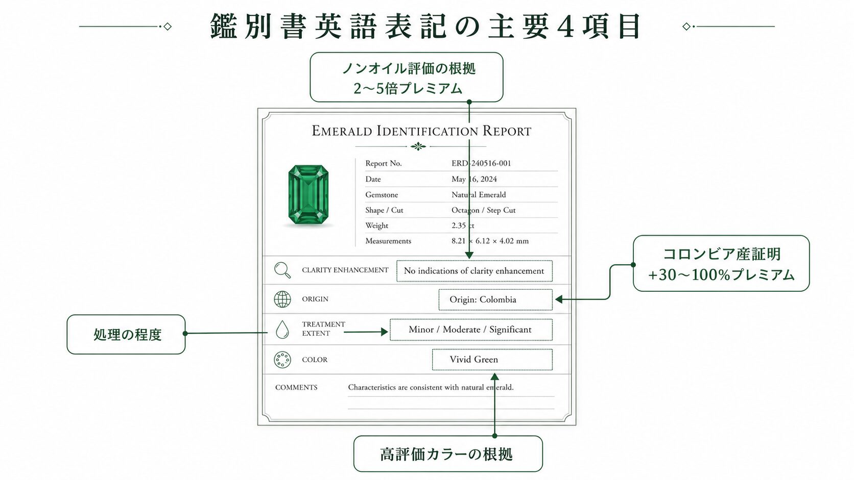エメラルド鑑別書の英語表記を解説した画像。処理の有無・程度・産地・色名の各項目を視覚化。