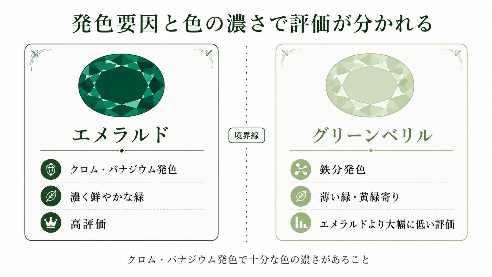 エメラルドとグリーンベリルの境界線を示す比較画像。発色要因と色の濃さの違いを視覚化。