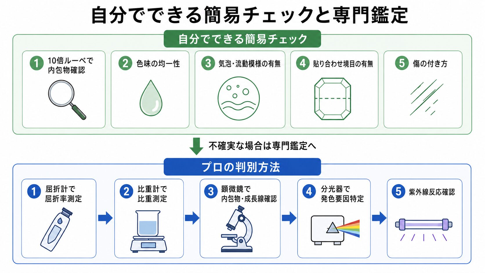 エメラルド類似石の判別フローを示す画像。自分でできる簡易チェックと専門鑑定の流れを視覚化。