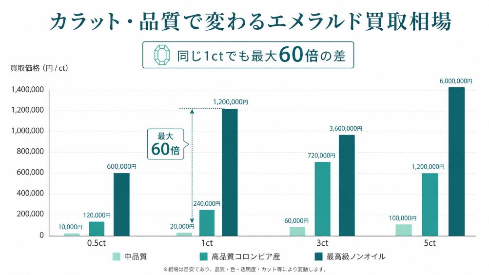 エメラルドのカラット別・品質別買取相場を示す棒グラフ。1ctで最大60倍の差が出る構造を可視化。