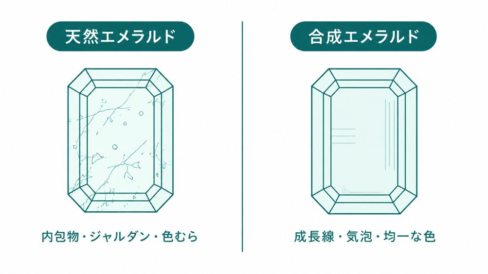 天然エメラルドと合成エメラルドの見分けポイントを比較した図解。価値の違いを示す。