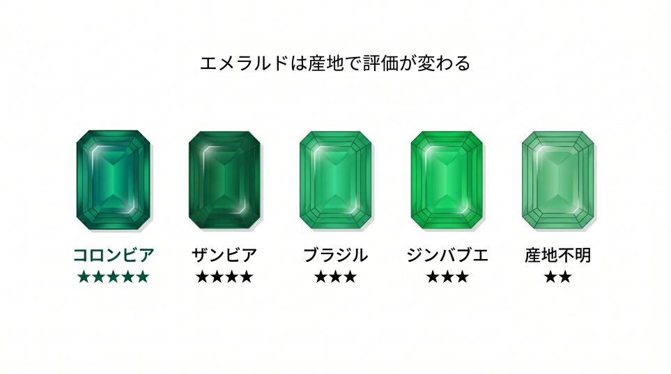 コロンビア産が最高評価となる、産地別エメラルドの色と評価ランクをあらわしたイメージ画像