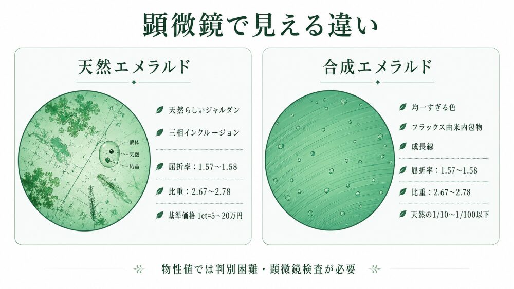 合成エメラルドと天然エメラルドの違いを示す比較画像。内包物・成長線・価格差を視覚化。