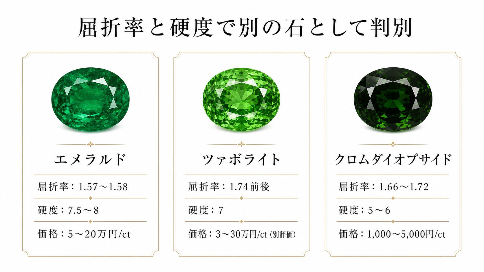 エメラルドとツァボライト・クロムダイオプサイドの違いを示す比較画像。屈折率・色相・価格を視覚化。