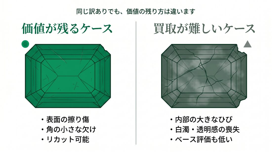 傷ありエメラルドの価値が残るケースと買取が難しいケースの図解画像