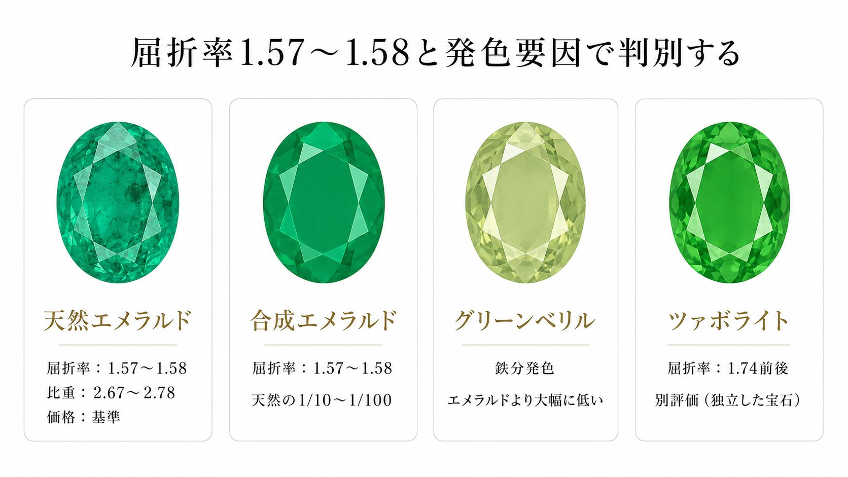 エメラルドと合成エメラルド・グリーンベリル・ツァボライトの色相と屈折率の比較画像。判別に使う数値根拠を視覚化。