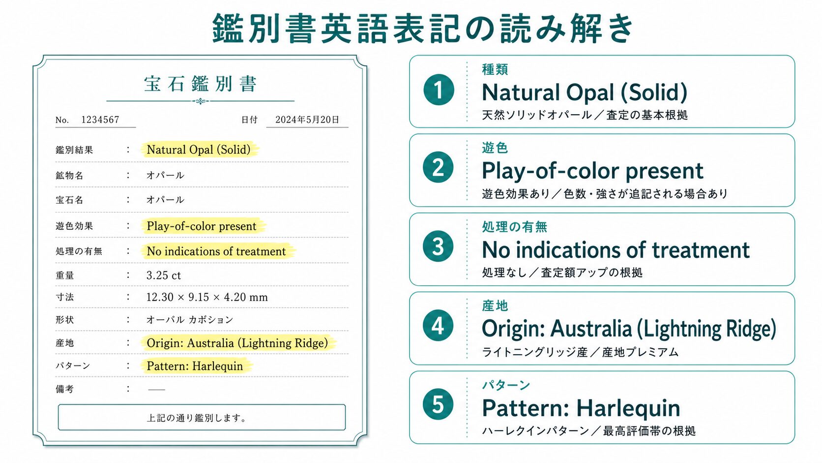 オパール鑑別書に記載される英語表記（Natural Opal・Play-of-color・No indications of treatment・Origin等）と、それぞれの意味と査定への影響を整理したインフォグラフィック。