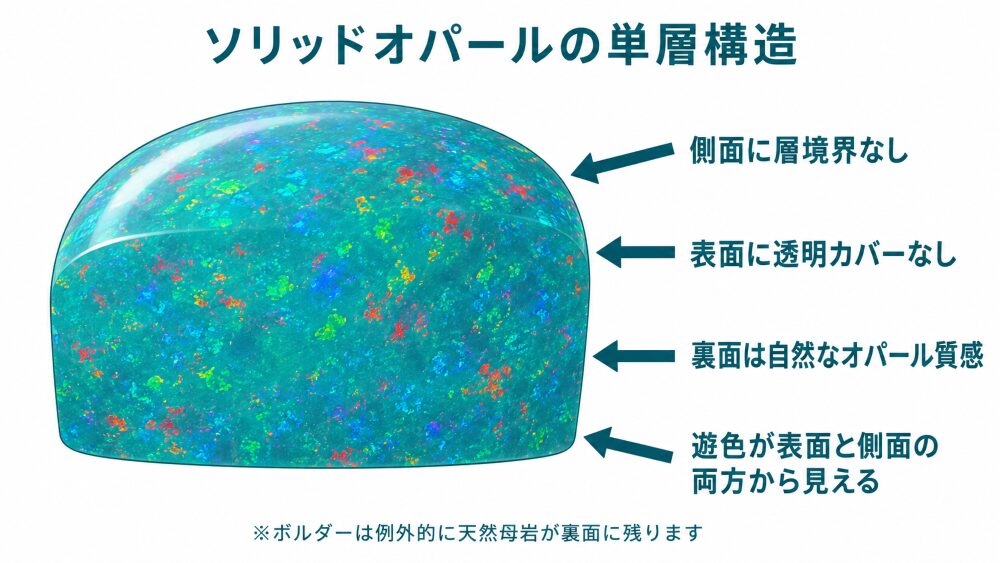 ソリッドオパールの単層構造を断面で示すインフォグラフィック。表面から裏面まで1つの天然オパールで構成され、側面に層境界がない様子を視覚化。
