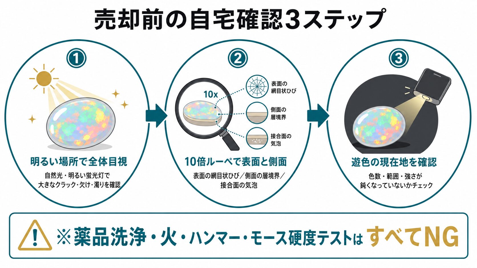 売却前に自宅で確認する3ステップ（明るい場所で全体目視・10倍ルーペで表面と側面・遊色の現在地確認）を視覚化したステップフロー図。