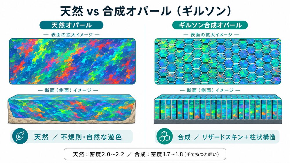 合成オパール（ギルソンオパール）に見られるリザードスキン状の規則的な模様と柱状構造を、天然オパールの不規則な遊色パターンと並べて比較したインフォグラフィック。