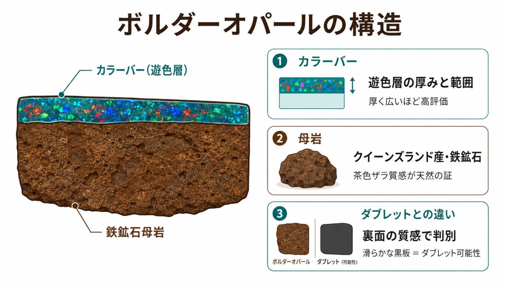 ボルダーオパールの構造を示すインフォグラフィック。鉄鉱石母岩・カラーバー(遊色層)・クイーンズランド産・ダブレットとの違いを視覚化。